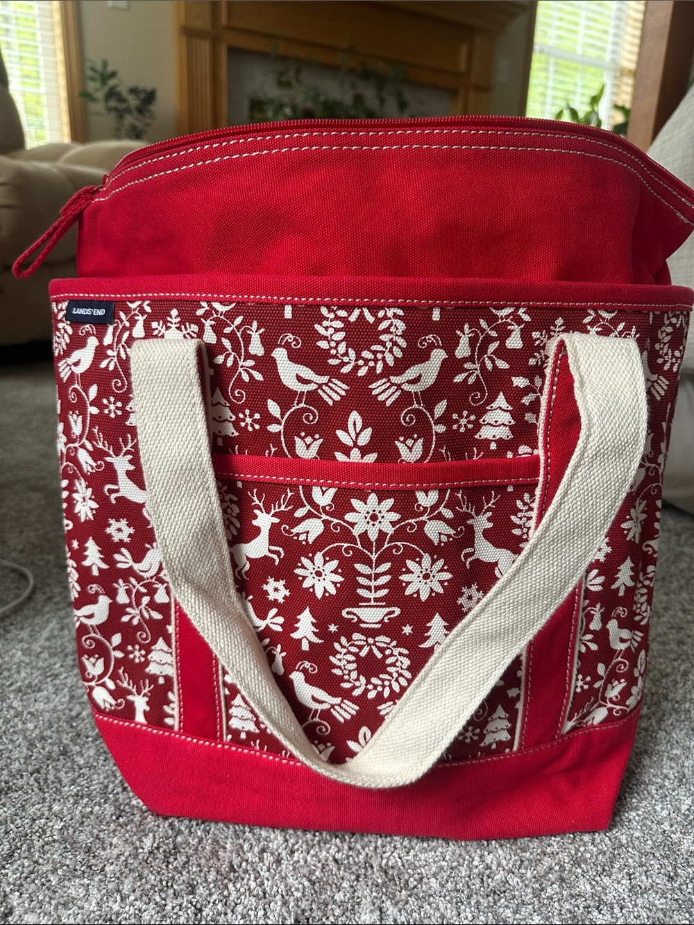 Lands' End Red & White Folk-Print Canvas Tote